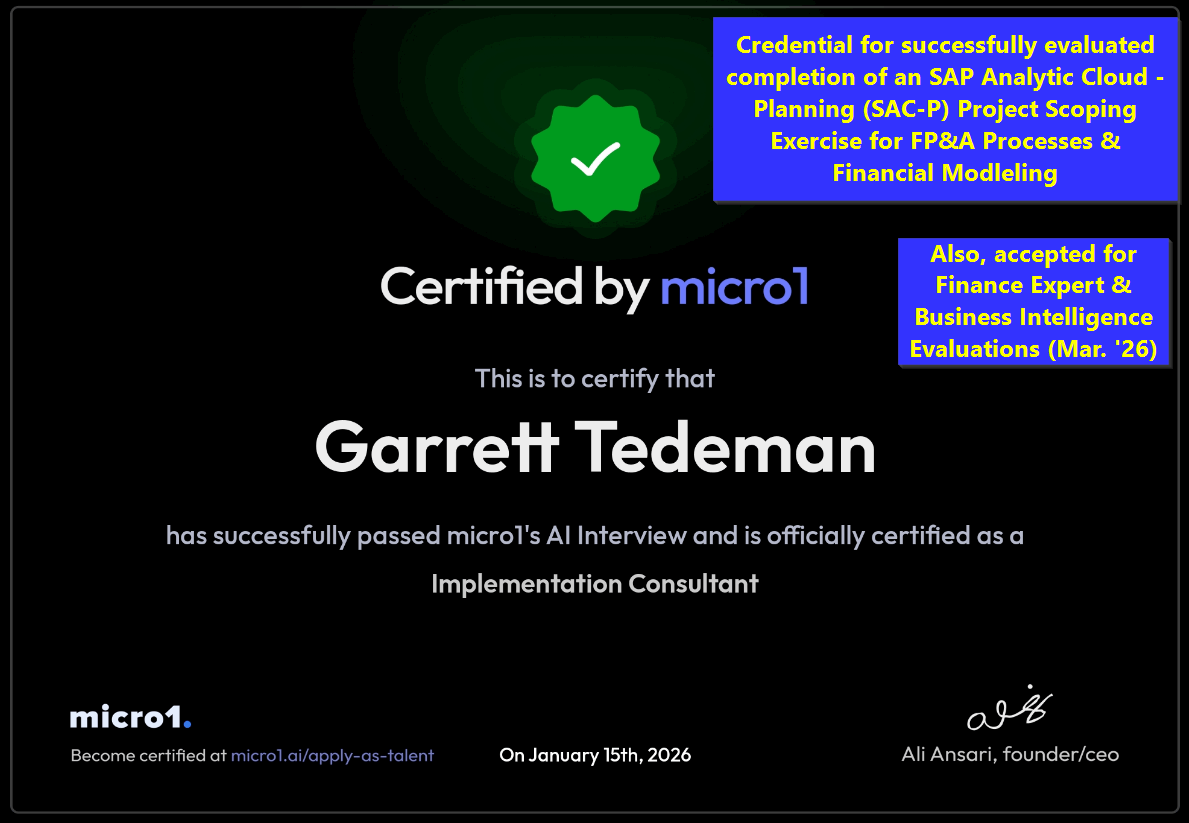 micro1 AI Implementation Consultant certification and SAP Analytics Cloud Planning project scoping credential