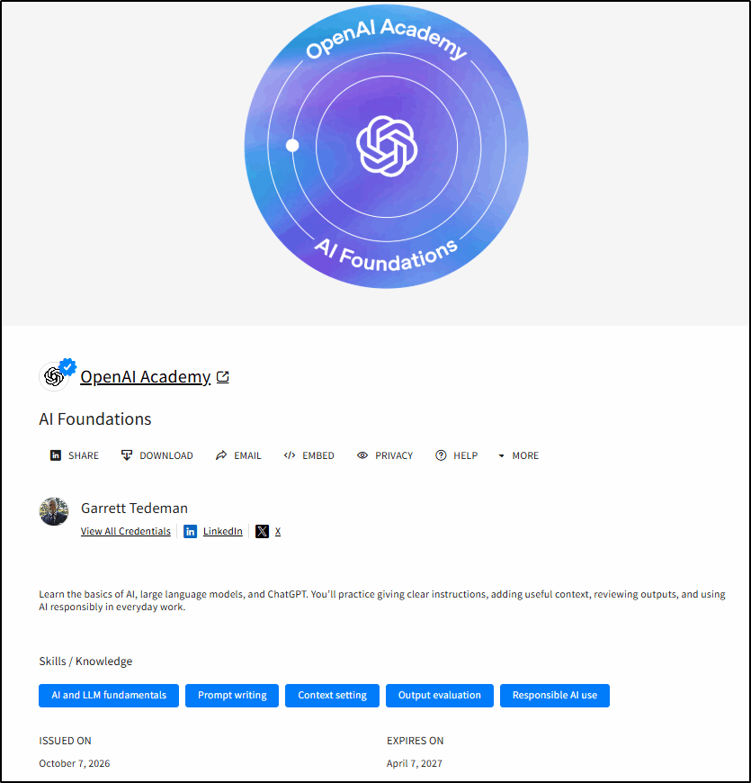 OpenAI Academy AI Foundations badge