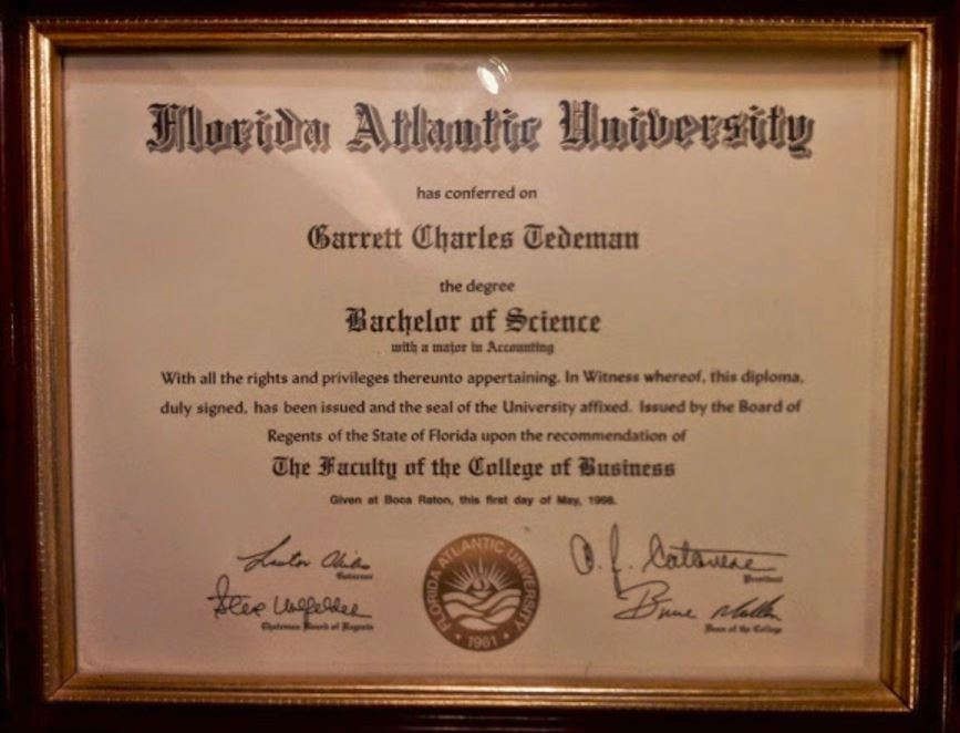 Bachelor of Science degree certificate from Florida Atlantic University