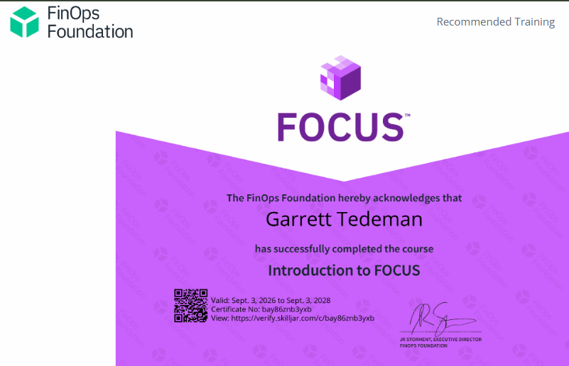 FinOps Foundation Introduction to FOCUS course completion certificate