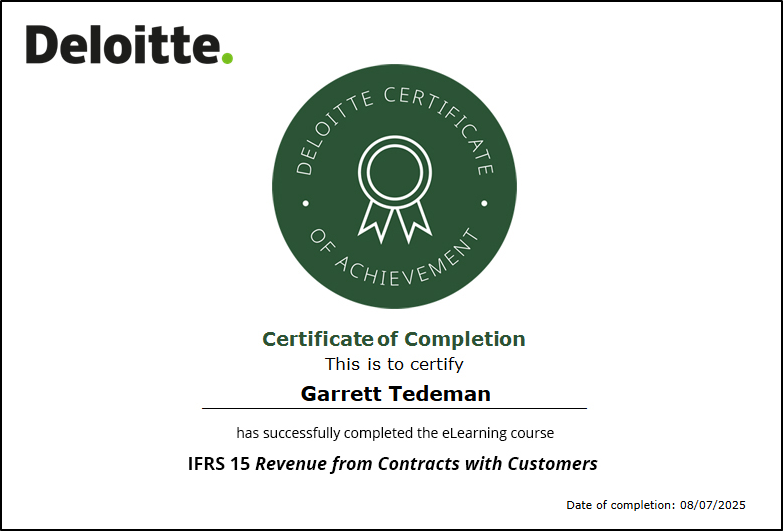 Deloitte certificate of achievement for IFRS 15 Revenue from Contracts with Customers