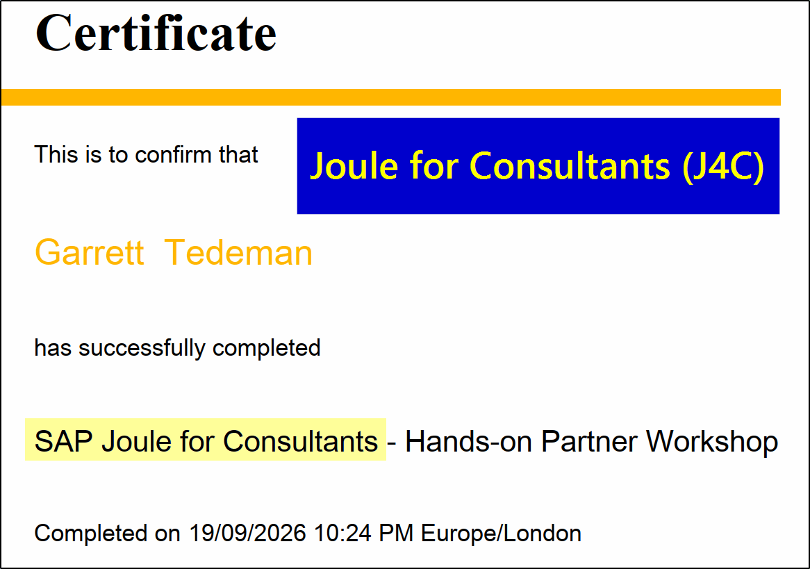 Certificate for completing SAP Joule for Consultants hands-on partner workshop