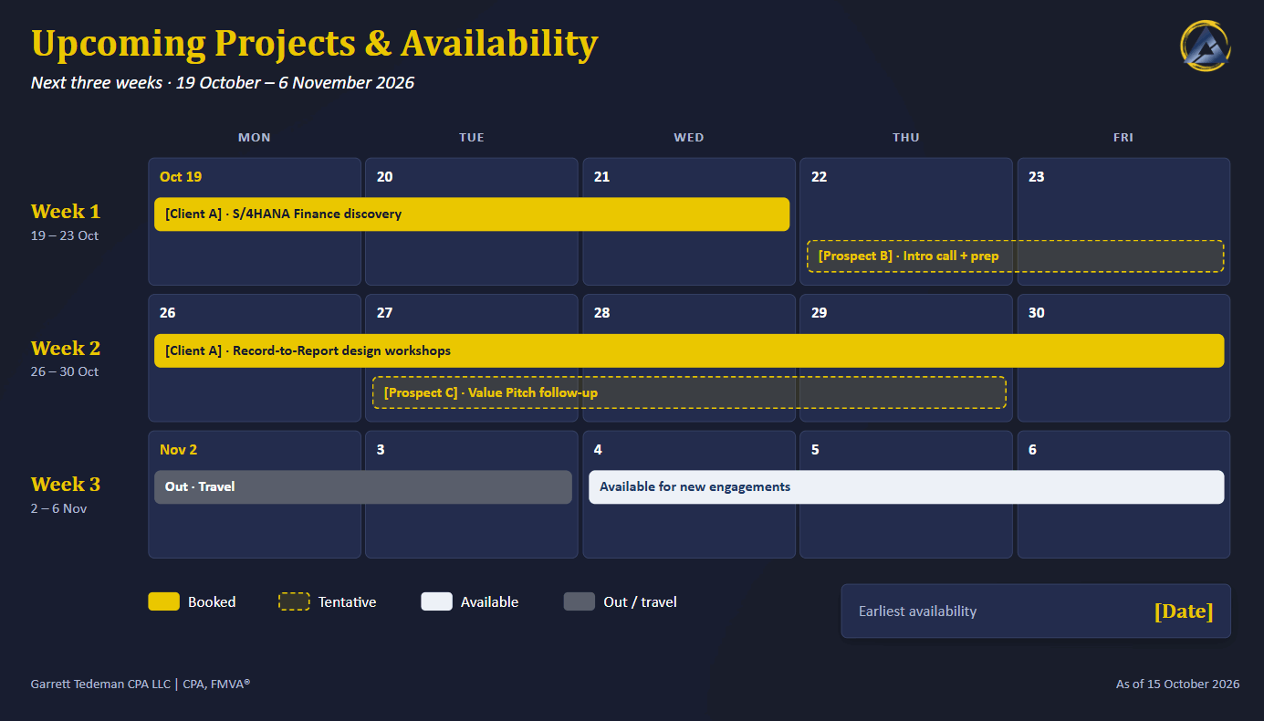 Sample three-week project calendar showing booked work, tentative work, travel, and availability
